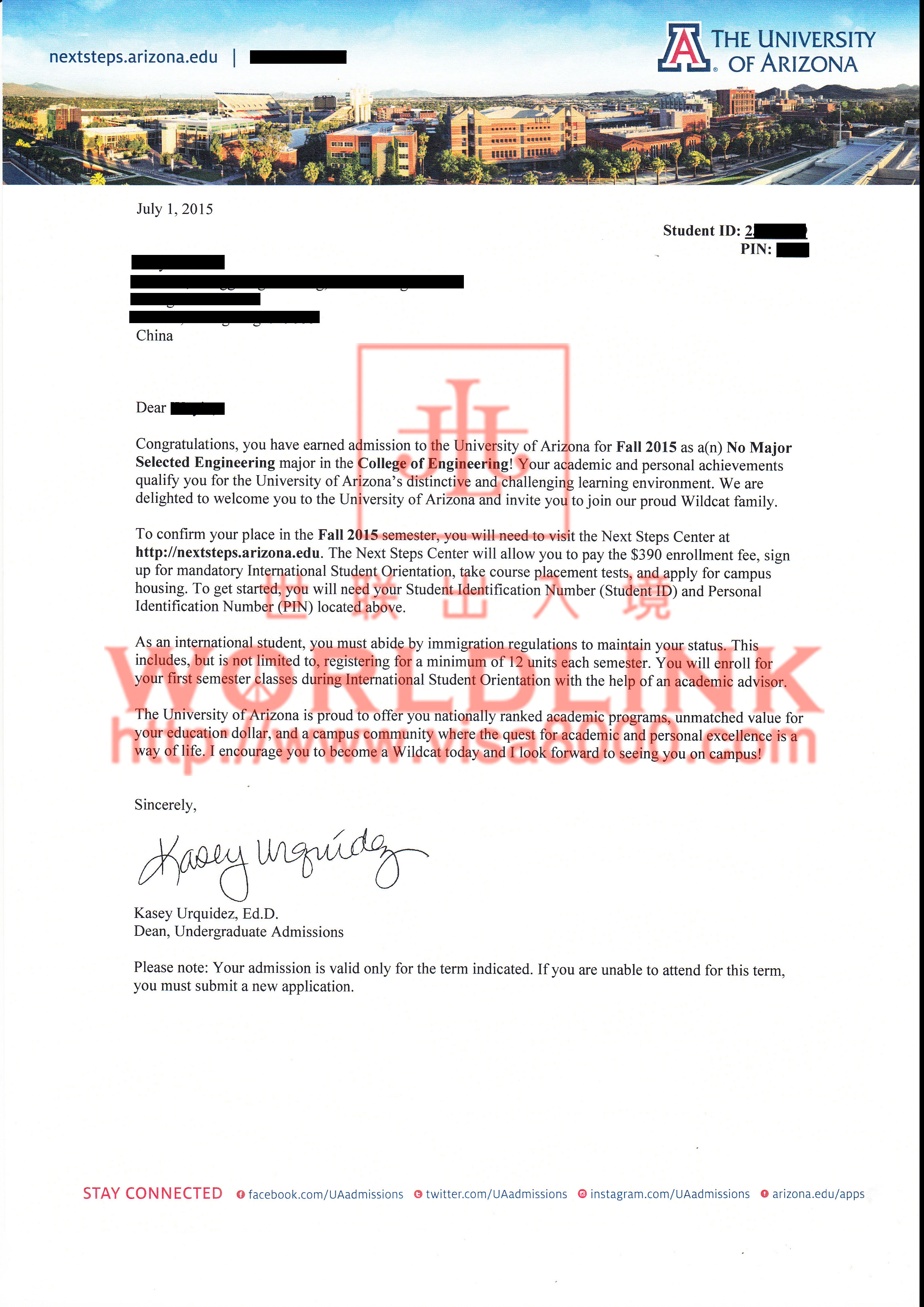 恭喜杨同学突破托福顺利获得亚利桑那大学offer