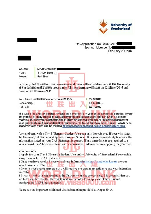 恭喜施同学轻松获得英国桑德兰大学读研offer(图文)